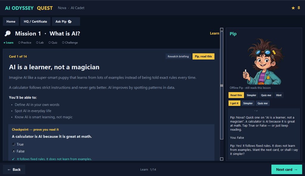 Screenshot of a Pip checkpoint question inside an AI Odyssey Quest mission